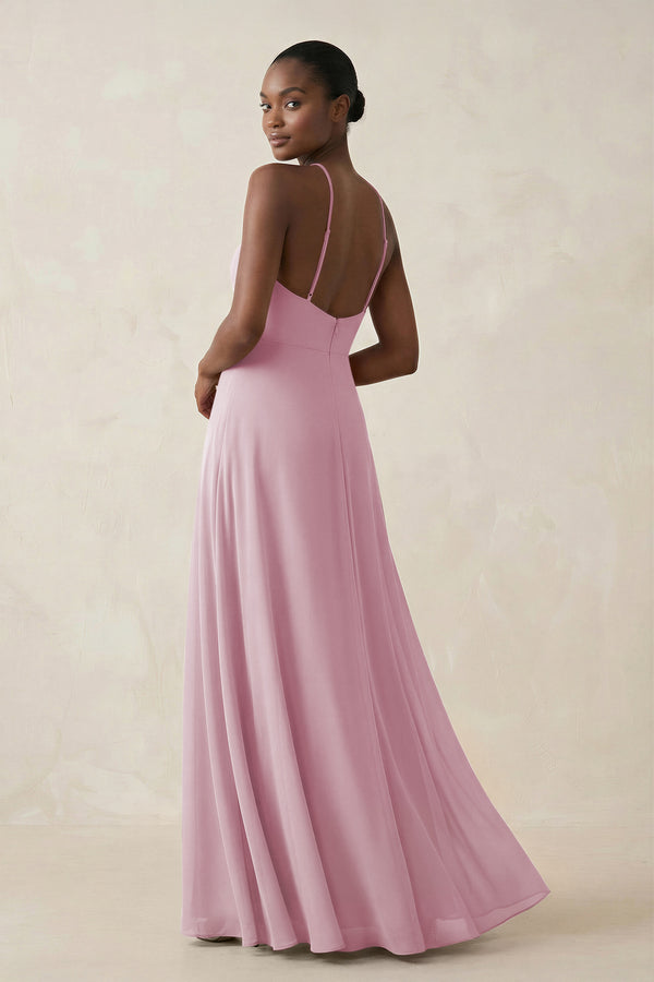 Sheath Halter Chiffon Bridesmaid Dress with Slit in Candy Pink (2) | KISSBRIDAL