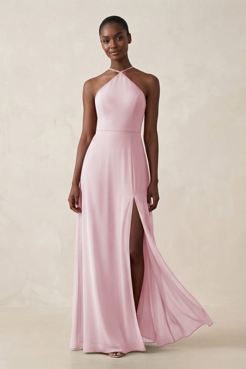 Sheath Halter Chiffon Bridesmaid Dress with Slit in Candy Pink - SHE IS ME Bridesmaid Dresses