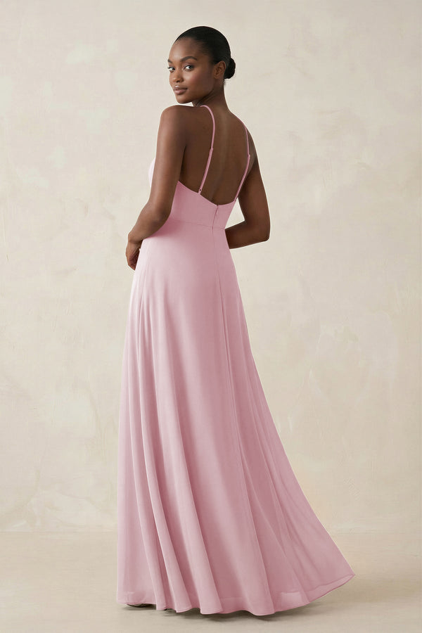 Sheath Halter Chiffon Bridesmaid Dress with Slit in Candy Pink - SHE IS ME Bridesmaid Dresses