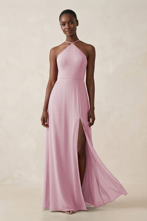 Sheath Halter Chiffon Bridesmaid Dress with Slit in Candy Pink | KISSBRIDAL