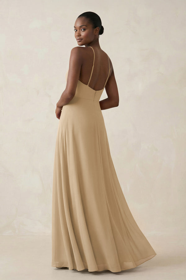 Sheath Halter Chiffon Bridesmaid Dress with Slit in Champagne (2) | KISSBRIDAL