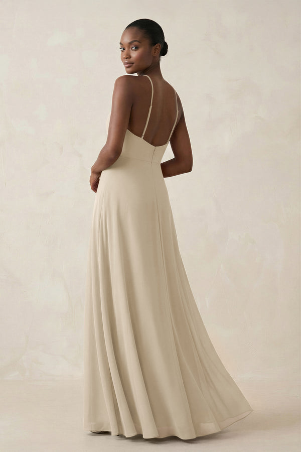 Sheath Halter Chiffon Bridesmaid Dress with Slit in Champagne - SHE IS ME Bridesmaid Dresses