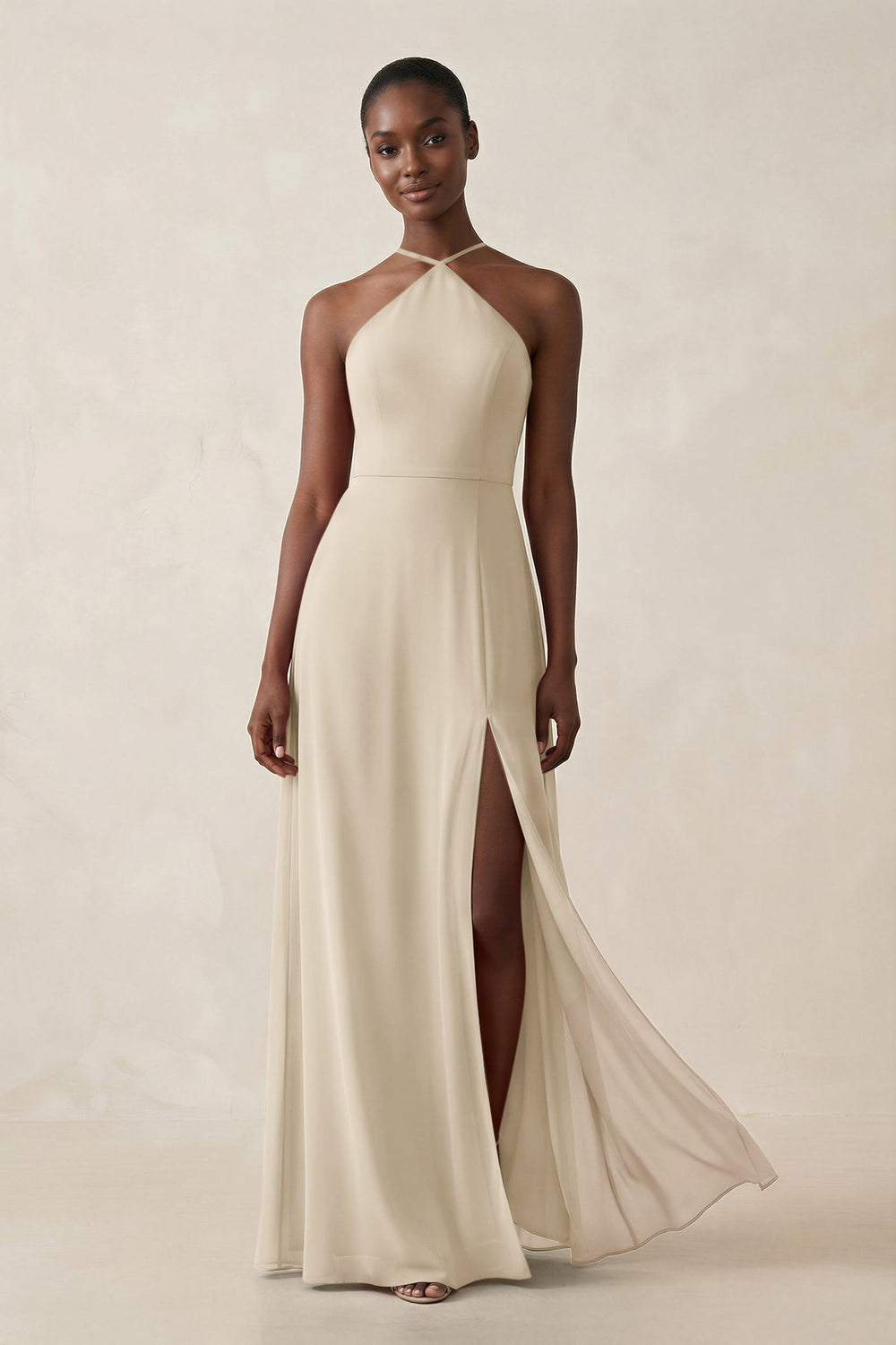 Sheath Halter Chiffon Bridesmaid Dress with Slit in Champagne - KISS BRIDAL Bridesmaid Dresses