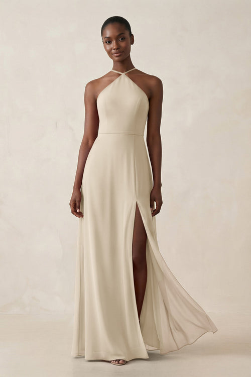 Sheath Halter Chiffon Bridesmaid Dress with Slit in Champagne - SHE IS ME Bridesmaid Dresses