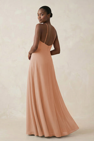 Sheath Halter Chiffon Bridesmaid Dress with Slit in Champagne Rose - SHE IS ME Bridesmaid Dresses
