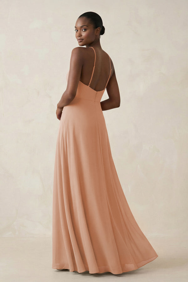 Sheath Halter Chiffon Bridesmaid Dress with Slit in Champagne Rose - SHE IS ME Bridesmaid Dresses