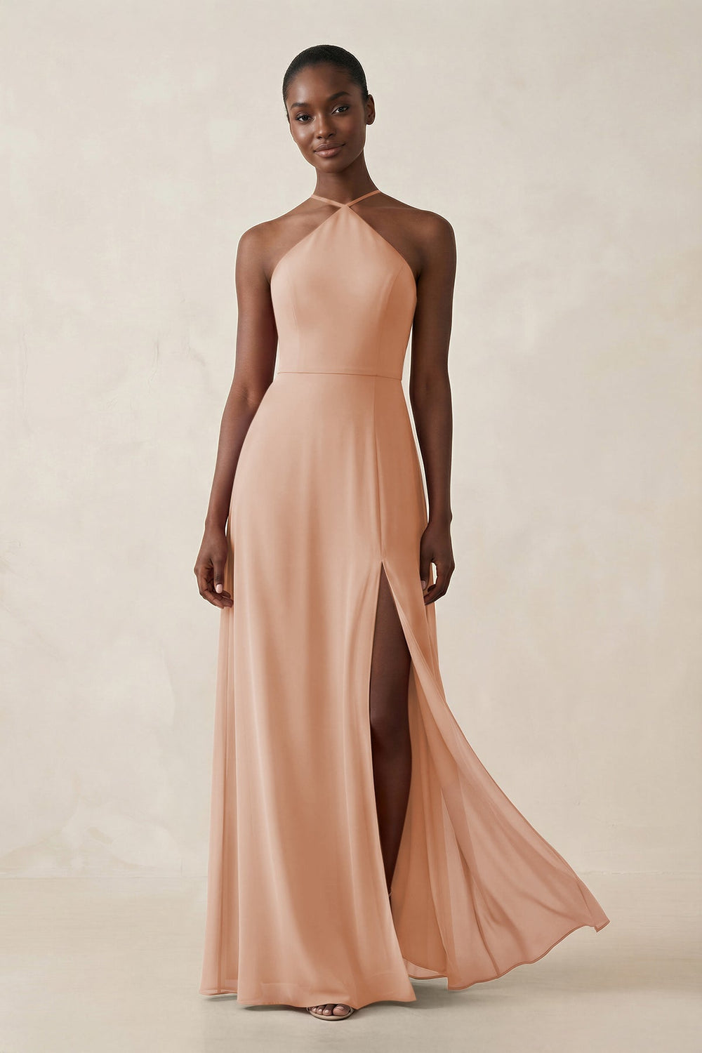 Sheath Halter Chiffon Bridesmaid Dress with Slit in Champagne Rose - KISS BRIDAL Bridesmaid Dresses