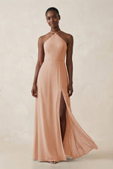 Sheath Halter Chiffon Bridesmaid Dress with Slit in Champagne Rose - KISS BRIDAL Bridesmaid Dresses