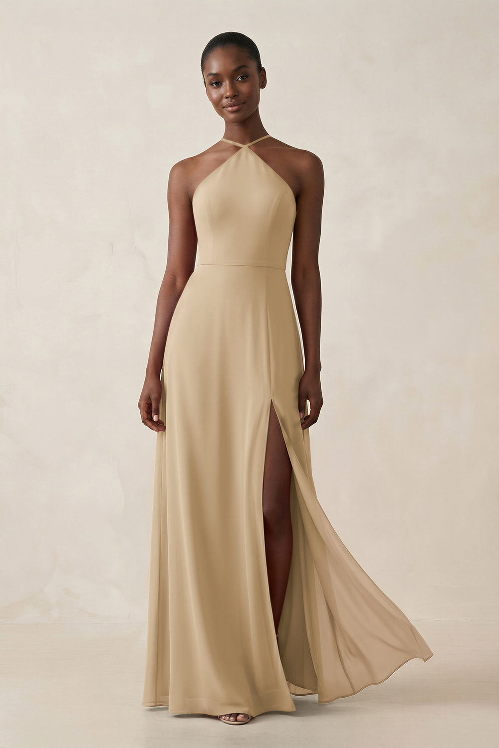 Sheath Halter Chiffon Bridesmaid Dress with Slit in Champagne
