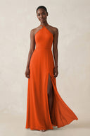 Sheath Halter Chiffon Bridesmaid Dress with Slit in Cinnamon | KISSBRIDAL