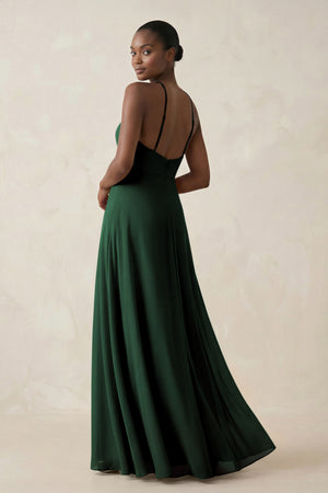 Sheath Halter Chiffon Bridesmaid Dress with Slit in Dark Green (2) | KISSBRIDAL