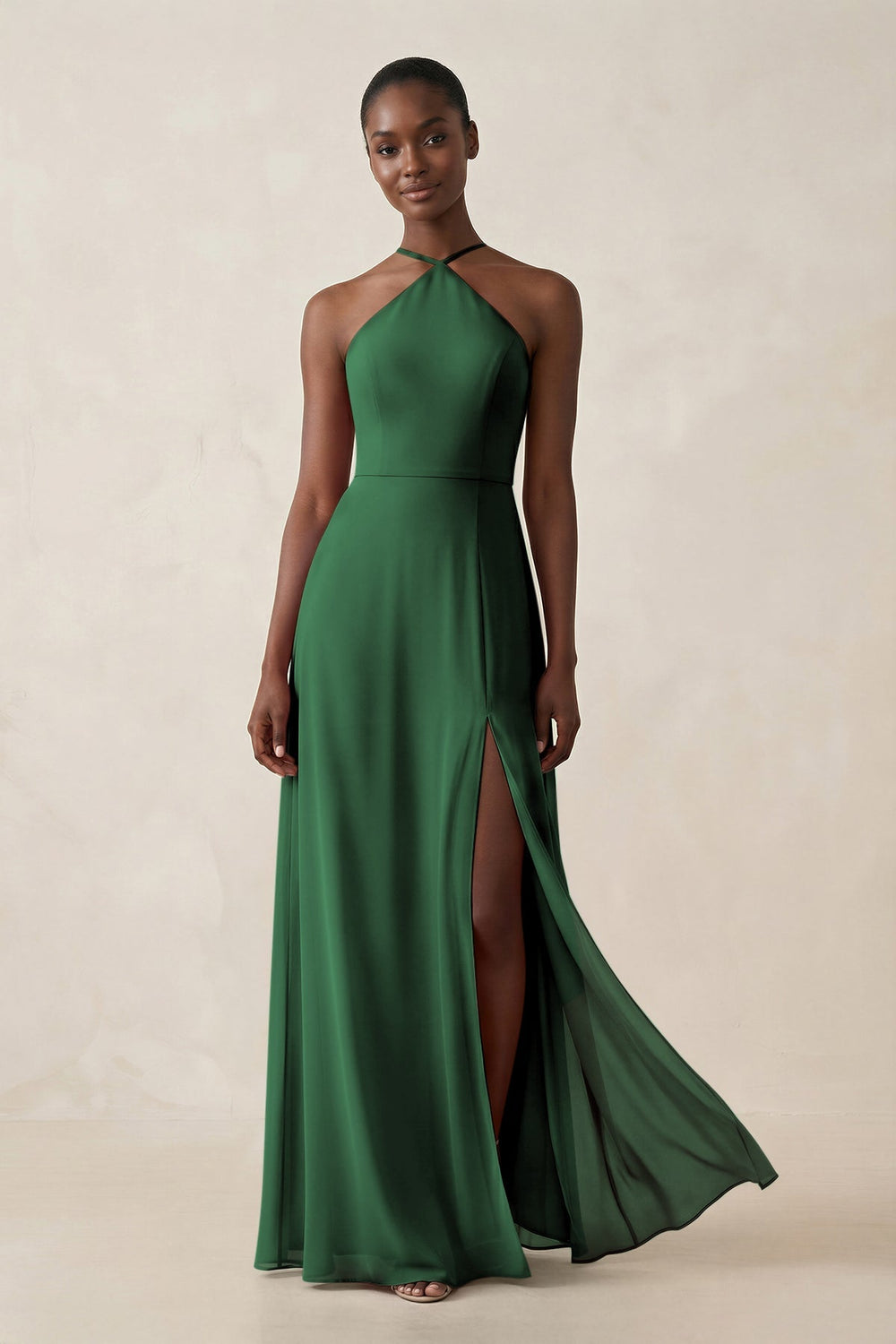 Sheath Halter Chiffon Bridesmaid Dress with Slit in Dark Green - KISS BRIDAL Bridesmaid Dresses