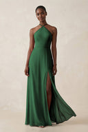 Sheath Halter Chiffon Bridesmaid Dress with Slit in Dark Green - SHE IS ME Bridesmaid Dresses