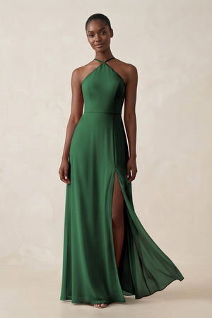 Sheath Halter Chiffon Bridesmaid Dress with Slit in Dark Green - SHE IS ME Bridesmaid Dresses