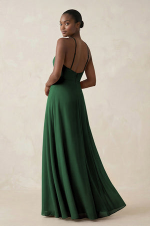 Sheath Halter Chiffon Bridesmaid Dress with Slit in Dark Green - SHE IS ME Bridesmaid Dresses