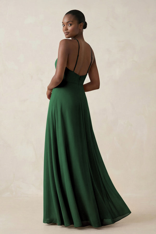 Sheath Halter Chiffon Bridesmaid Dress with Slit in Dark Green - SHE IS ME Bridesmaid Dresses