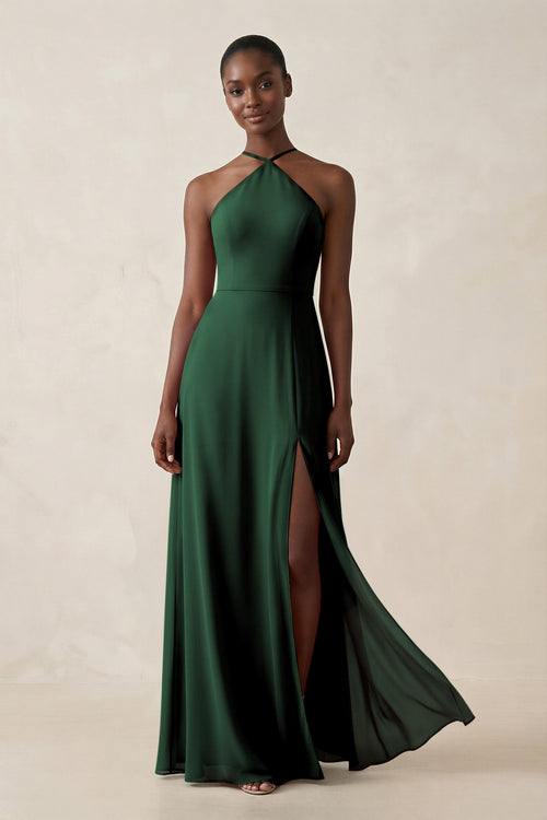 Sheath Halter Chiffon Bridesmaid Dress with Slit in Dark Green | KISSBRIDAL