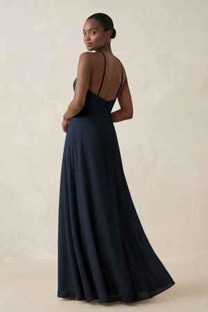 Sheath Halter Chiffon Bridesmaid Dress with Slit in Dark Navy - SHE IS ME Bridesmaid Dresses