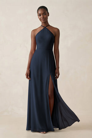 Sheath Halter Chiffon Bridesmaid Dress with Slit in Dark Navy - SHE IS ME Bridesmaid Dresses