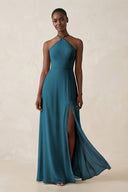 Sheath Halter Chiffon Bridesmaid Dress with Slit in Dark Teal - SHE IS ME Bridesmaid Dresses