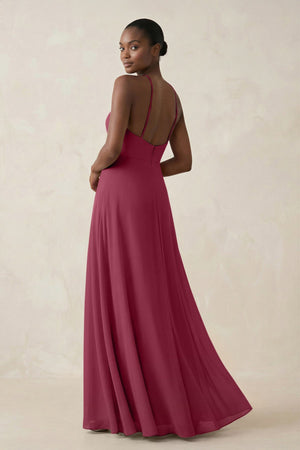 Sheath Halter Chiffon Bridesmaid Dress with Slit in Desert Rose - SHE IS ME Bridesmaid Dresses