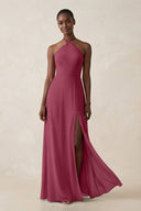 Sheath Halter Chiffon Bridesmaid Dress with Slit in Desert Rose - SHE IS ME Bridesmaid Dresses
