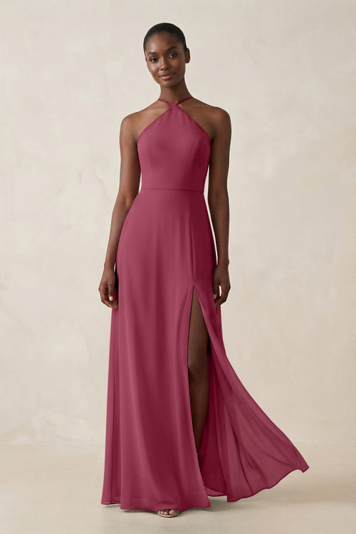 Sheath Halter Chiffon Bridesmaid Dress with Slit in Desert Rose - SHE IS ME Bridesmaid Dresses