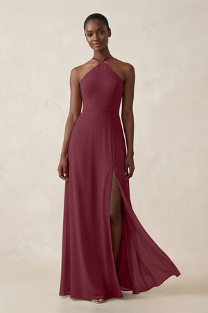 Sheath Halter Chiffon Bridesmaid Dress with Slit in Desert Rose | KISSBRIDAL