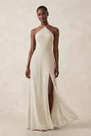 Sheath Halter Chiffon Bridesmaid Dress with Slit in Dove Gray - SHE IS ME Bridesmaid Dresses