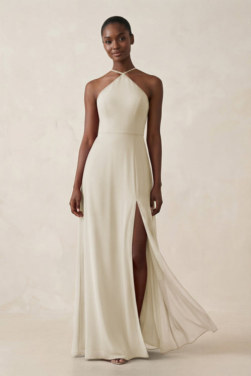 Sheath Halter Chiffon Bridesmaid Dress with Slit in Dove Gray - SHE IS ME Bridesmaid Dresses