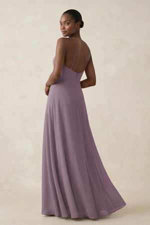 Sheath Halter Chiffon Bridesmaid Dress with Slit in Dusk (2) | KISSBRIDAL