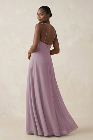 Sheath Halter Chiffon Bridesmaid Dress with Slit in Dusk - SHE IS ME Bridesmaid Dresses
