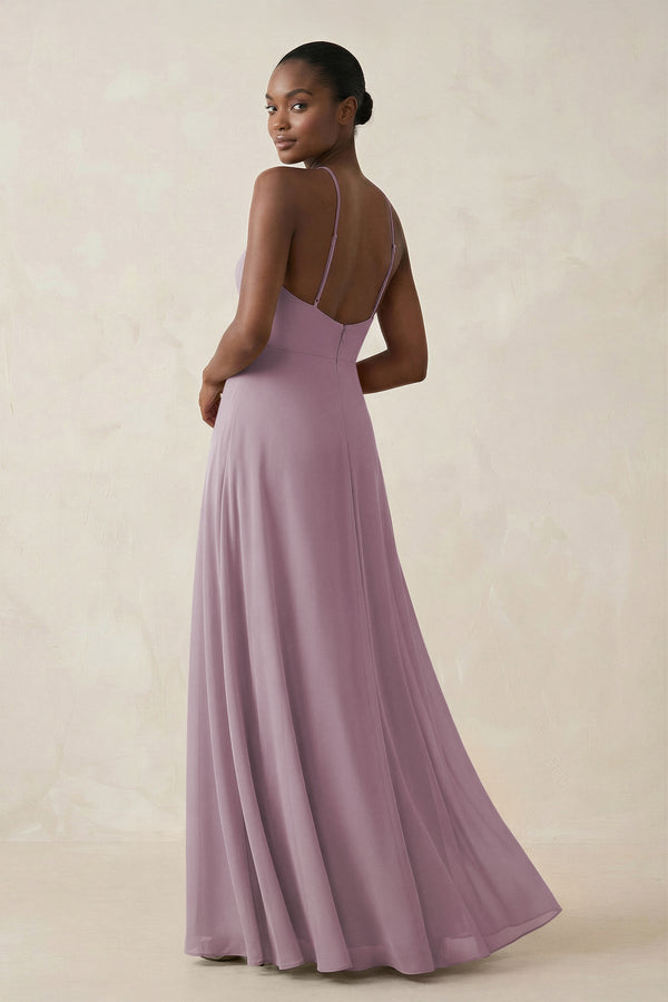 Sheath Halter Chiffon Bridesmaid Dress with Slit in Dusk - SHE IS ME Bridesmaid Dresses