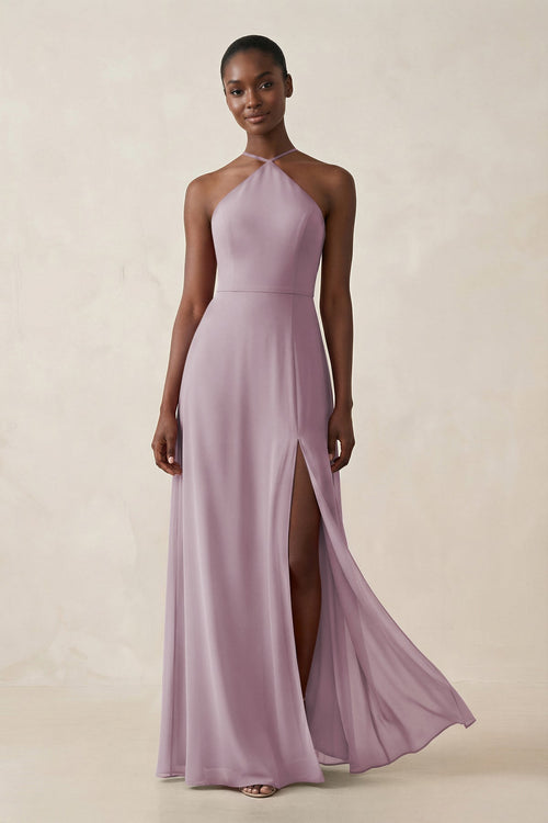 Sheath Halter Chiffon Bridesmaid Dress with Slit in Dusk - SHE IS ME Bridesmaid Dresses