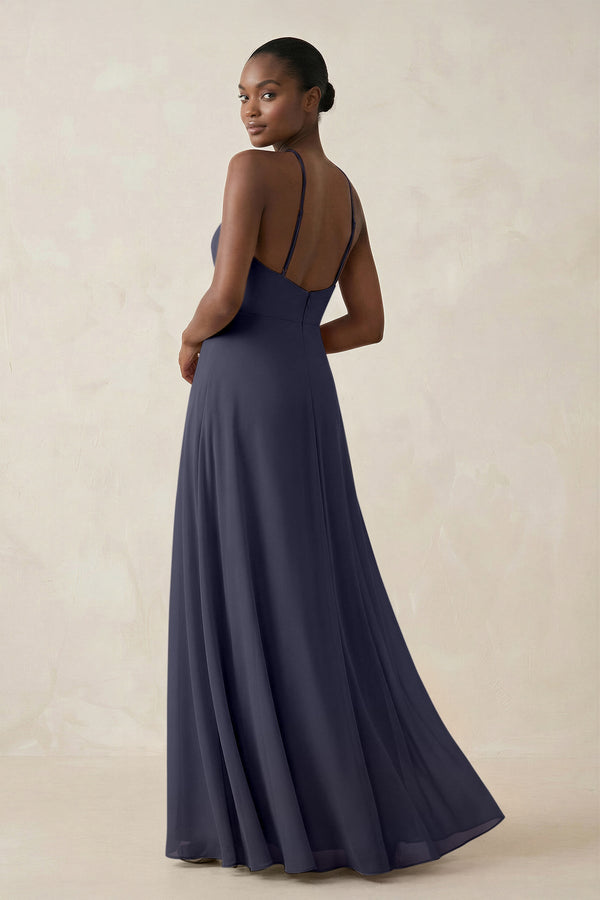 Sheath Halter Chiffon Bridesmaid Dress with Slit in Dusk Blue - SHE IS ME Bridesmaid Dresses