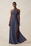 Sheath Halter Chiffon Bridesmaid Dress with Slit in Dusk Blue - SHE IS ME Bridesmaid Dresses