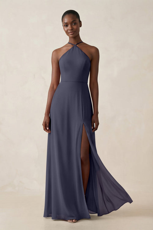 Sheath Halter Chiffon Bridesmaid Dress with Slit in Dusk Blue - SHE IS ME Bridesmaid Dresses