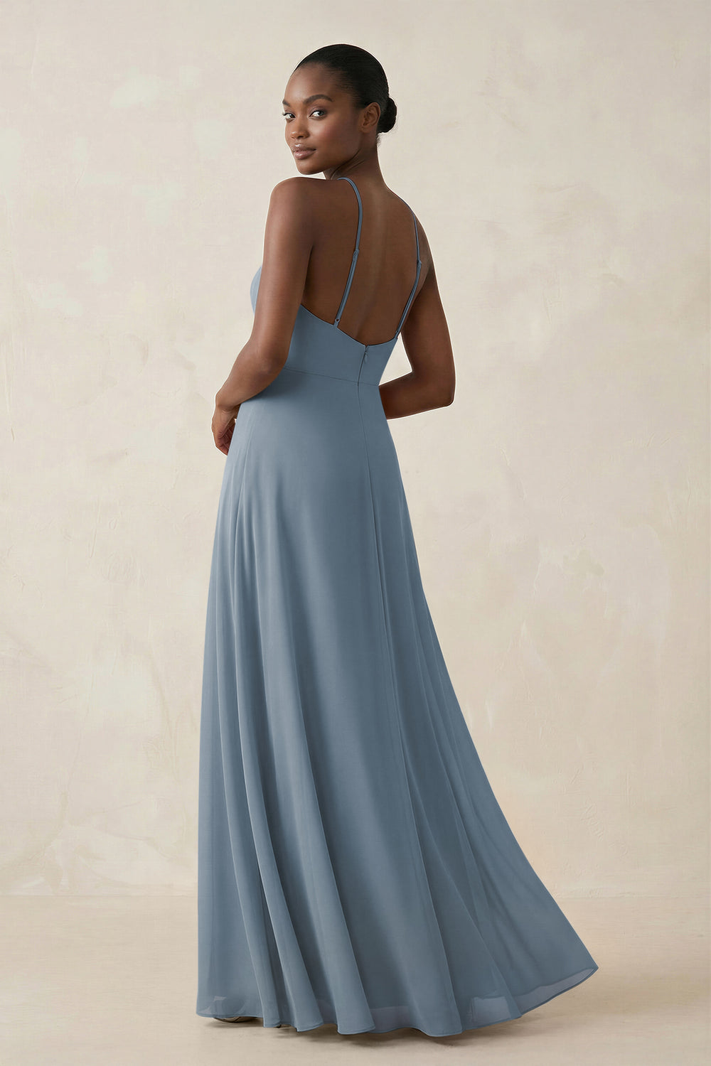 Sheath Halter Chiffon Bridesmaid Dress with Slit in Dusty Blue