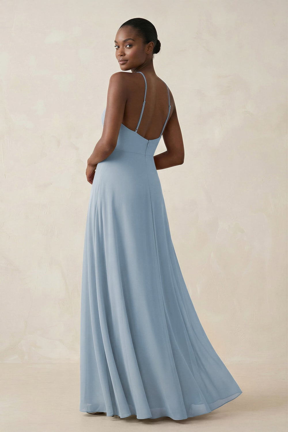 Sheath Halter Chiffon Bridesmaid Dress with Slit in Dusty Blue - KISS BRIDAL Bridesmaid Dresses