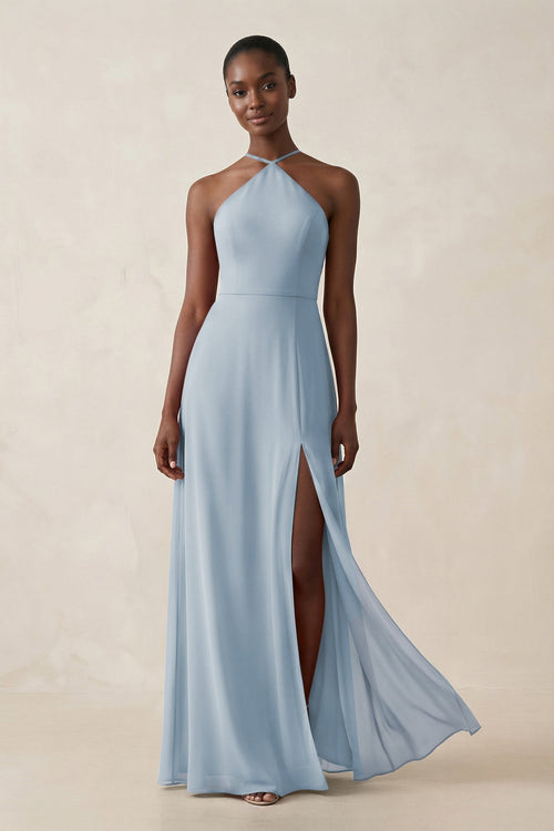 Sheath Halter Chiffon Bridesmaid Dress with Slit in Dusty Blue - SHE IS ME Bridesmaid Dresses
