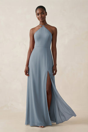Sheath Halter Chiffon Bridesmaid Dress with Slit in Dusty Blue | KISSBRIDAL