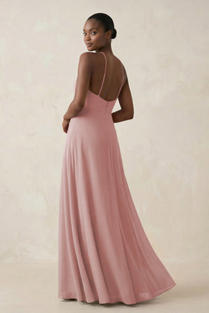 Sheath Halter Chiffon Bridesmaid Dress with Slit in Dusty Rose - SHE IS ME Bridesmaid Dresses