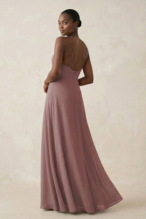 Sheath Halter Chiffon Bridesmaid Dress with Slit in Dusty Rose (2) | KISSBRIDAL