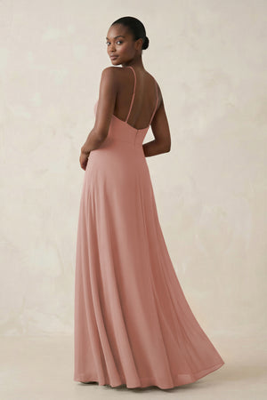 Sheath Halter Chiffon Bridesmaid Dress with Slit in English Rose (2) | KISSBRIDAL