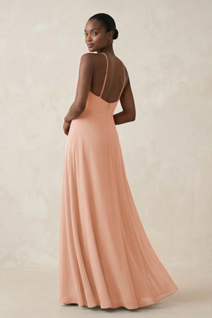 Sheath Halter Chiffon Bridesmaid Dress with Slit in English Rose - SHE IS ME Bridesmaid Dresses
