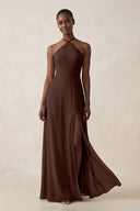 Sheath Halter Chiffon Bridesmaid Dress with Slit in Espresso - SHE IS ME Bridesmaid Dresses