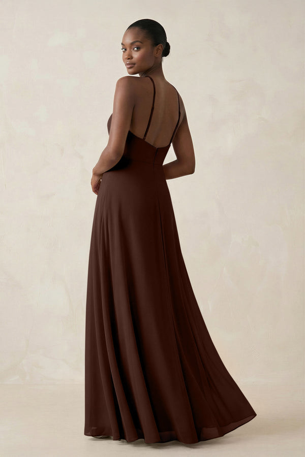 Sheath Halter Chiffon Bridesmaid Dress with Slit in Espresso - SHE IS ME Bridesmaid Dresses