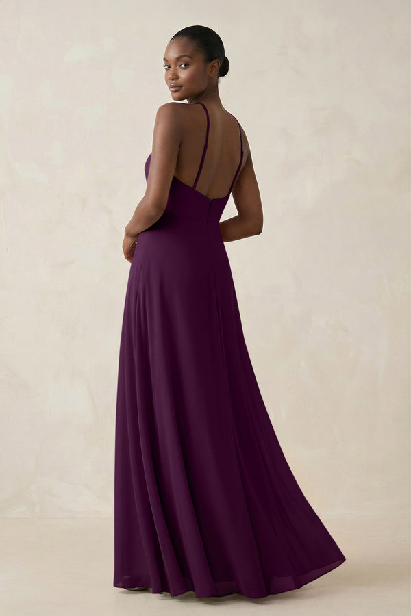 Sheath Halter Chiffon Bridesmaid Dress with Slit in Fig (2) | KISSBRIDAL
