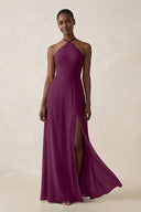 Sheath Halter Chiffon Bridesmaid Dress with Slit in Fig - SHE IS ME Bridesmaid Dresses