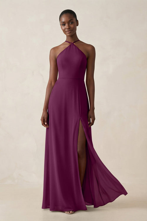 Sheath Halter Chiffon Bridesmaid Dress with Slit in Fig - SHE IS ME Bridesmaid Dresses
